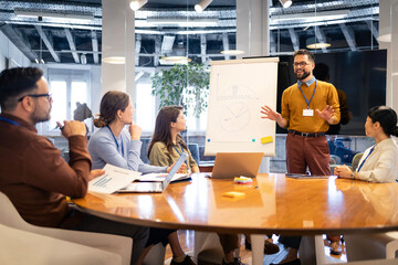 Business professional presenting data and strategy to diverse team in modern office meeting © littlewolf1989