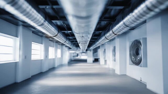 Empty industrial building interior featuring metal ventilation ducts and heating cooling systems along a long hallway, creating an abstract background of modern infrastructure