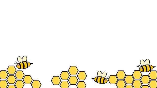 Honeycomb and bee border frame. Cute bee and honeycomb background. Flying bee border. Abstract yellow hexagon border. Hexagon border with bumblebee