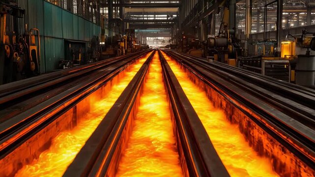 Molten steel or iron flowing through a continuous casting line inside a large industrial facility, creating new metal sheets or beams in a vibrant, high temperature manufacturing process