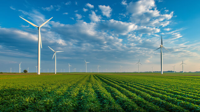 Wind turbines over green agricultural field under blue sky for renewable energy and sustainable farming