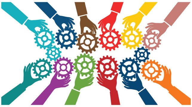 Diverse hands holding colorful interlocking gear wheels for teamwork.