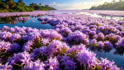 Fototapeta premium Purple water lilies blooming in tranquil freshwater wetland with tropical backdrop