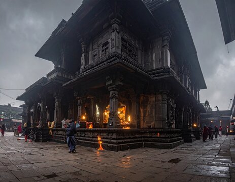 Mahalaxmi Temple Kolhapur Black Stone Temple Hemadpanti Style Crowded Courtyard Real Maharashtra Scene