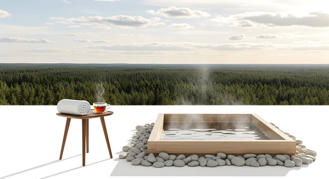 relaxing outdoor hot tub with forest view