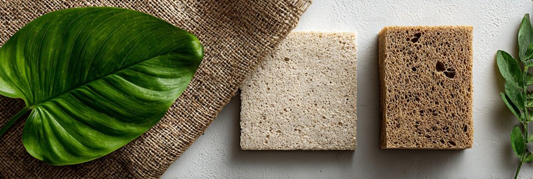 Natural biodegradable sponges for zero waste cleaning with green leaf and burlap fabric on white textured surface representing sustainable lifestyle and eco friendly home care
