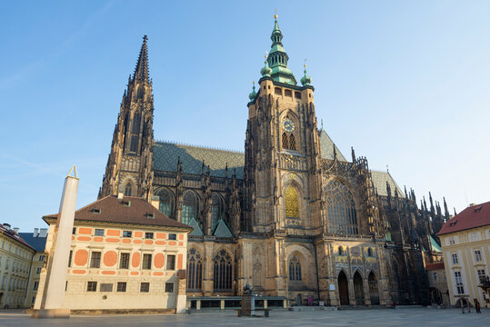The old St. Vittus gothic Cathedral on a sunny April morning. Prague, Czech Republic