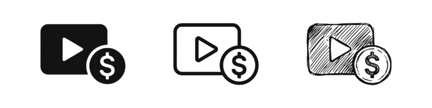 Video Monetization Icon Set with Play Button and Dollar Coin - Solid, Outline, and Doodle Style