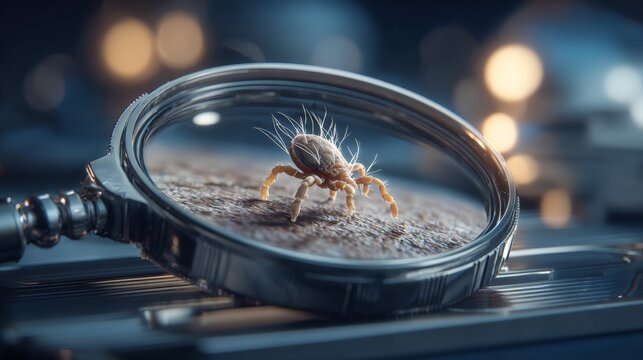 Magnifying glass reveals a dust mite on fine soil. Blurry background suggests lab or study environment. Image captures tiny creature in sharp, detailed focus