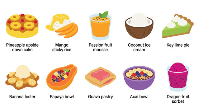 Colorful tropical dessert vector icons set featuring pineapple cake mango sticky rice and acai bowl.