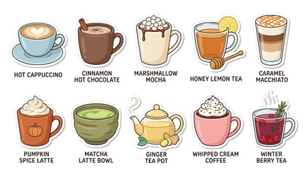 Obraz premium A vibrant collection of ten delicious hot beverages, including coffee, tea, and cocoa, perfect for cozying up.