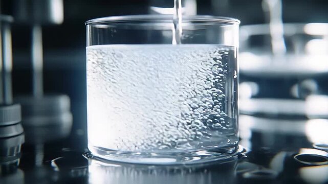 Clean transparent liquid pouring into a glass beaker on a dark lab surface, creating dynamic splashes and effervescent bubbles that evoke purity, science, and refreshing flow