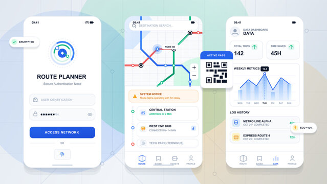 Route Planner Mobile App UI with Transit Map and Data Dashboard