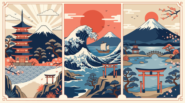 Traditional japanese art panels depict mount fuji with pagodas and waves.