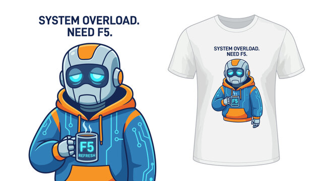 The t-shirt design features a futuristic robot character humorously proclaiming 'System Overload. Need F5.' This creative illustration combines technology and humor in a stylish manner.