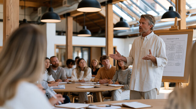 Volunteer orientation for a disability services nonprofit in a converted warehouse meeting room, a program director gesturing at a printed org chart on an easel while twelve new volunteers seated at