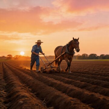 farmer plowing field with horse at sunset