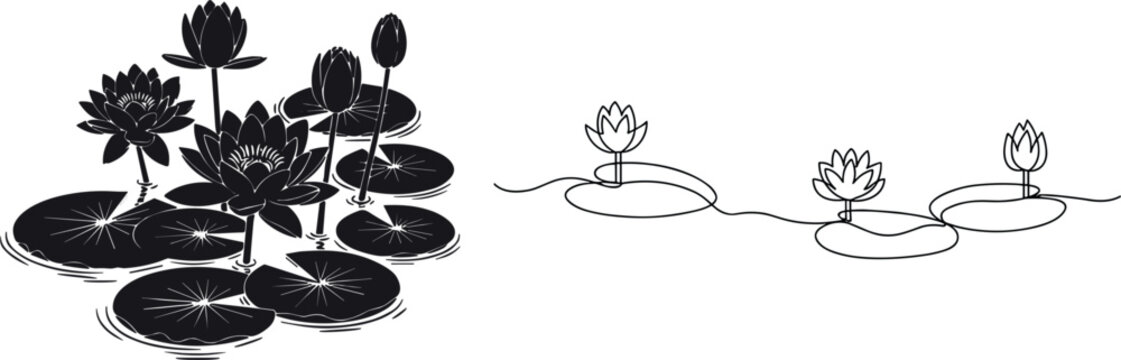 Black Silhouette Water Lily and Lily Pad Set, Minimalist Pond and Botanical Line Art for Nature Illustrations