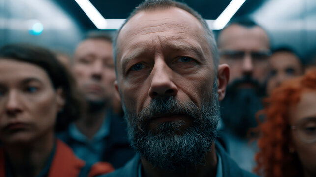 A man in a crowded elevator, everyone facing forward silently, personal space bubbles and social disconnection, urban life concept