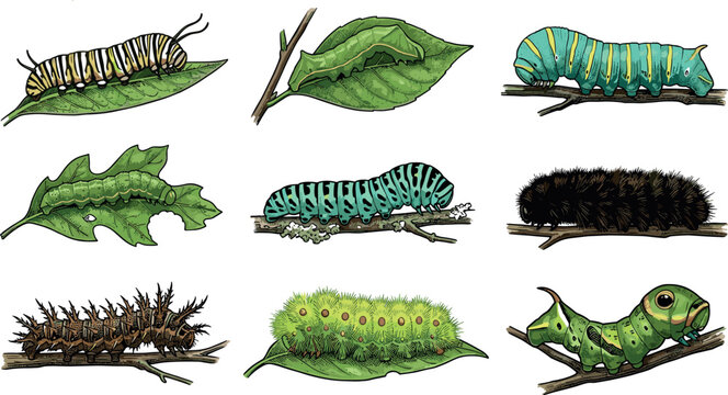 Hand Drawn Caterpillar Vector Icon Set Featuring Various Species Varieties and Larva Stages on Leaves and Branches for Nature and Education Designs