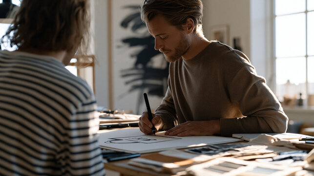 Over-the-shoulder view of a packaging designer sketching a tote bag logo by hand at a drafting table, ink pens and swatches arranged on the surface, branding agency workflow and product identity dev