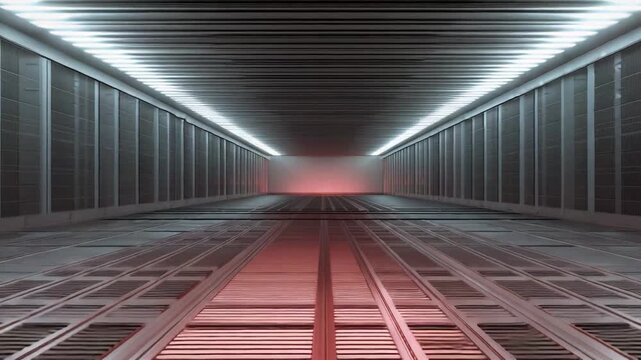 Empty futuristic server room or data center hallway with rows of computer rack cabinets, bright linear ceiling lights, and a mysterious red glow on the floor and far wall