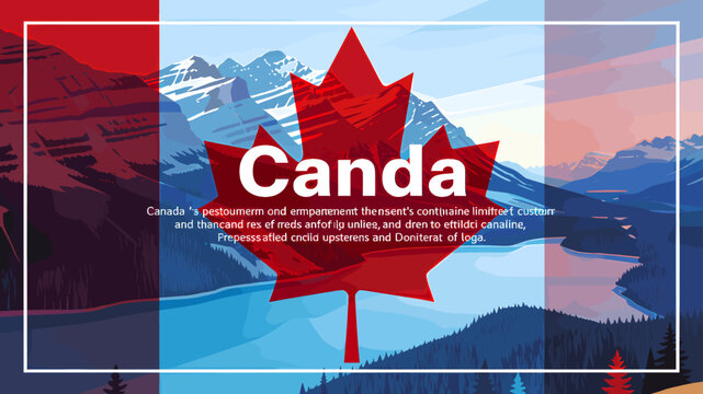 Stylized Canadian flag with a large red maple leaf, blue mountains, and a lake in the background, featuring the word 'Canda'.