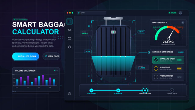 Smart baggage calculator dashboard with suitcase scan
