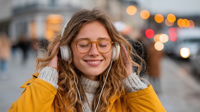 A joyful young woman wearing headphones in a bustling urban environment, embodying a sense of relaxation and enjoyment amidst city life as she listens to her favorite music.
