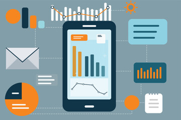 Obraz premium Digital marketing and analytics on a smartphone, with charts and graphs representing data analysis and strategy