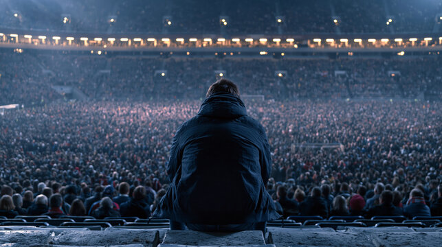 A person sitting alone on bleachers of a stadium during a match, thousands of passionate fans around them, emotional detachment concept