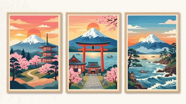 Three framed prints display vibrant Japanese landscapes with mountains and cherry blossoms.