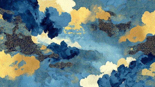Blue and gold clouds spreading across a dreamy japanese sky back