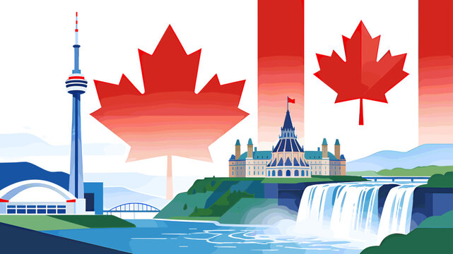 Iconic Canadian landmarks and symbols, including the CN Tower, Parliament Hill, Niagara Falls, and the Maple Leaf flag, presented in a vibrant illustration.