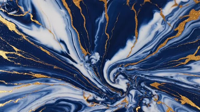 Abstract Blue White And Gold Fluid Art Swirls.