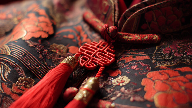 Traditional red Chinese knot tassel on embroidered fabric for cultural celebration decoration