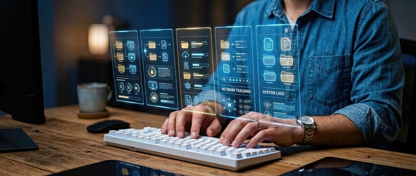 Innovative coding demonstration home office digital interface modern workspace close-up view technology and productivity insights