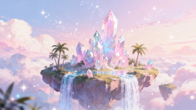 Floating island with crystals and palm trees