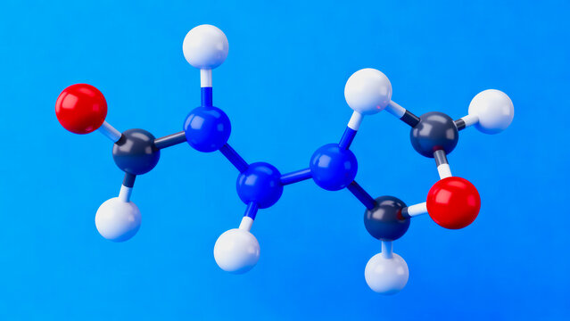 This is a 3D rendered ball-and-stick model of an organic chemical molecule, showing carbon, hydrogen, oxygen and nitrogen atoms connected by chemical bonds against a blue background.