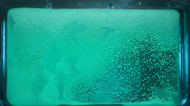 Luminous green liquid creating gas bubbles and a cloud of material inside a clear glass container, capturing an active science experiment or hazardous waste process