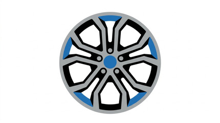 Fototapeta premium Detailed close-up of a modern car wheel rim with intricate spokes and blue accents, isolated on a clean white background, showcasing a sleek and technical design