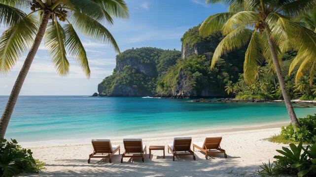 Serene tropical beach with palm trees and wooden loungers overlooking calm ocean waves at sunset