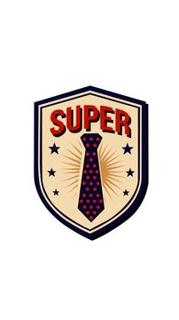 Retro style Father&rsquo;s Day footage featuring a superhero inspired badge with necktie, stars, and bold typography. Ideal for greetings, family celebrations, social media content, and festive promos.