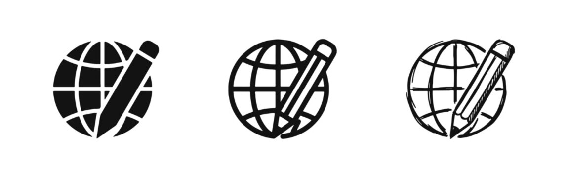 Global Editing and Design Icon Set, World Globe with Pencil Symbol