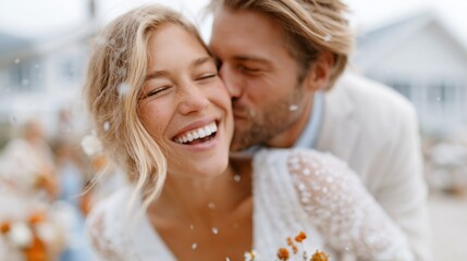 Fototapeta premium A joyful moment of a couple embracing on their wedding day, filled with love and tenderness, capturing the essence of commitment and the beauty of shared happiness.
