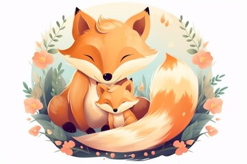 Fototapeta premium Fox mother and cub cuddling in nature, surrounded by flowers and green leaves