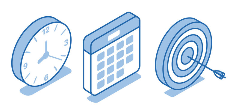 Isometric vector set of icons of a calendar with a clock and a target with an arrow in a linear style on a white background