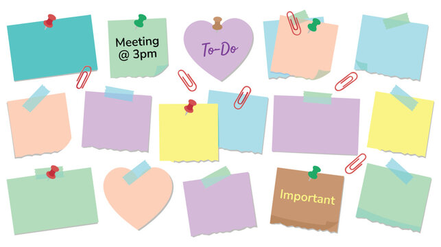 Colorful sticky notes collection with paper clips and push pins.