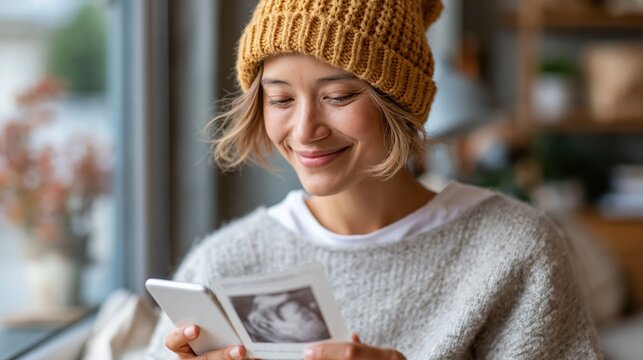 A joyful woman dressed in a warm sweater reads a sonogram photo with a smile, perfectly encapsulating the excitement and anticipation of expecting a new family member.