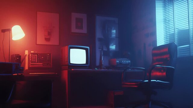 Retro office room illuminated by red and blue neon lighting, featuring vintage crt technology, a glowing screen, and classic equipment creating a nostalgic synthwave aesthetic